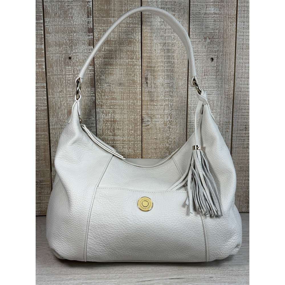 Isaac Mizrahi Womens Hobo Bag White Pebbled Leather Tassel Shoulder Purse 1544